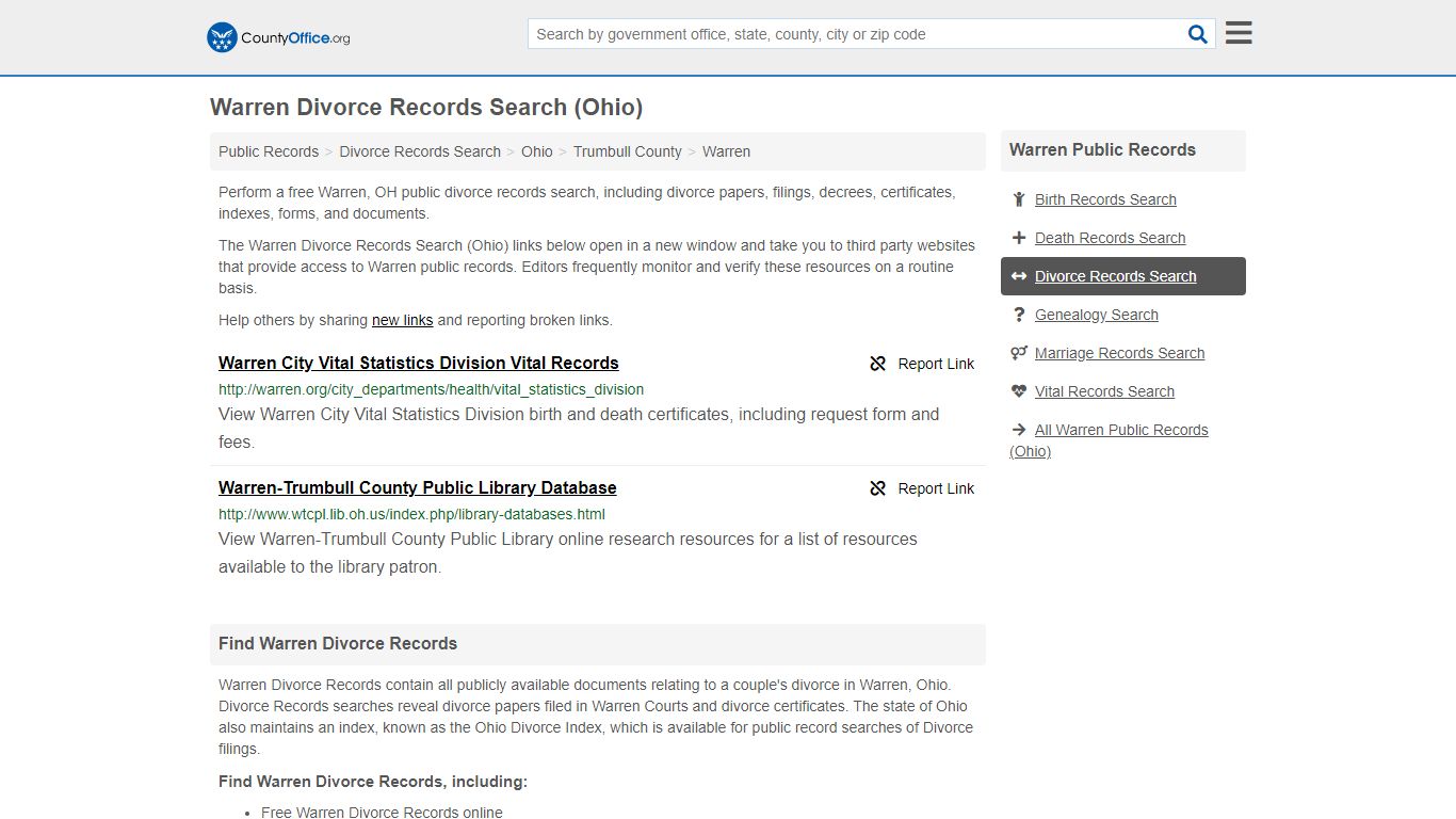Divorce Records Search - Warren, OH (Divorce Certificates & Decrees)